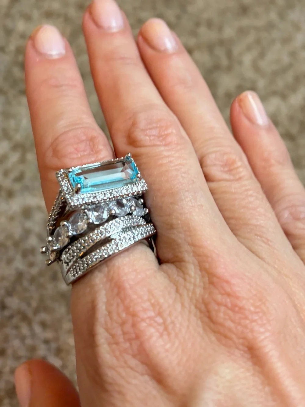 New Aquamarine Blue & Diamond 3 Ring Statement Stacked Ring Stack Set Size 7